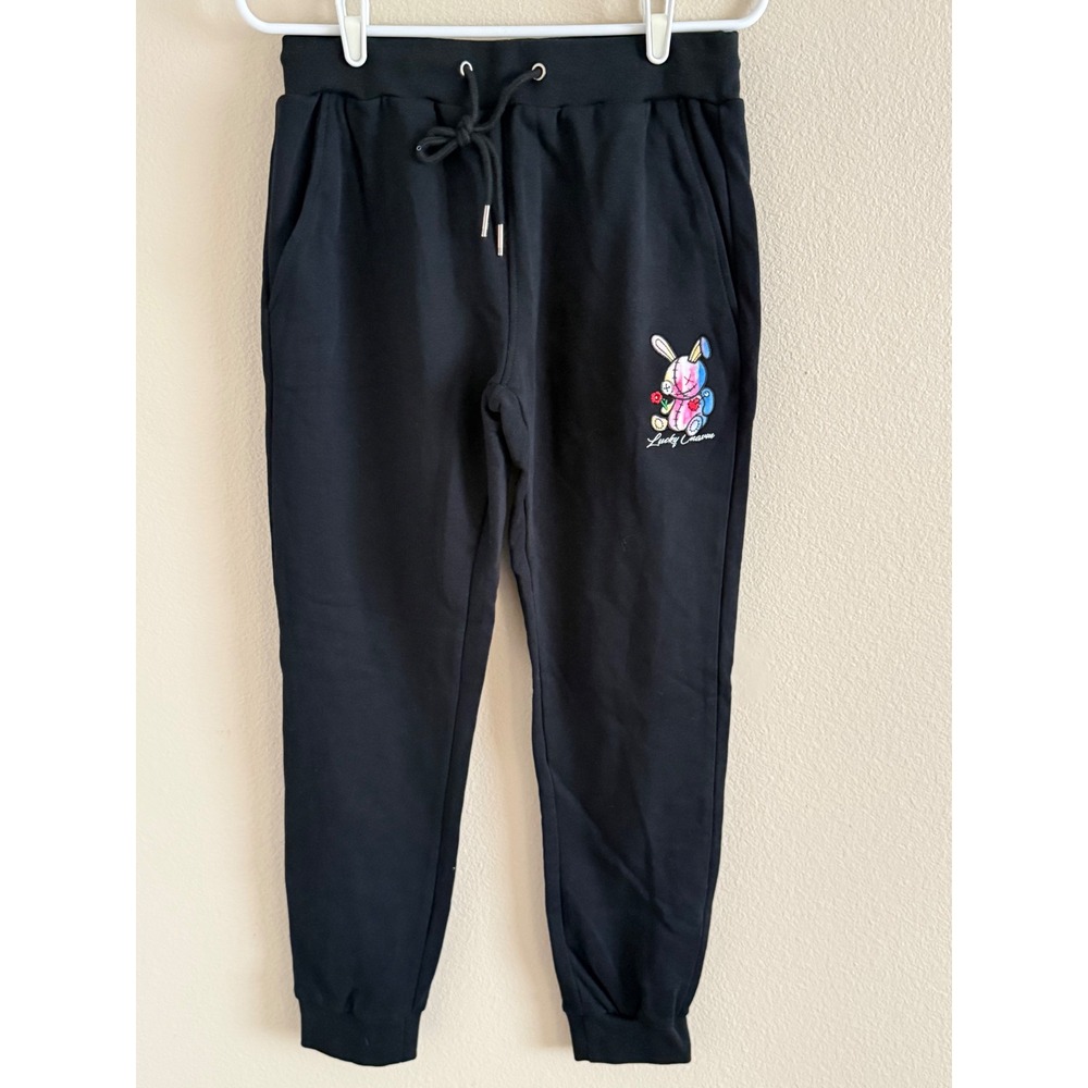 Lucky Charm Mens Joggers Black Voodoo Bunny Embroidered Sweatpants Streetwear